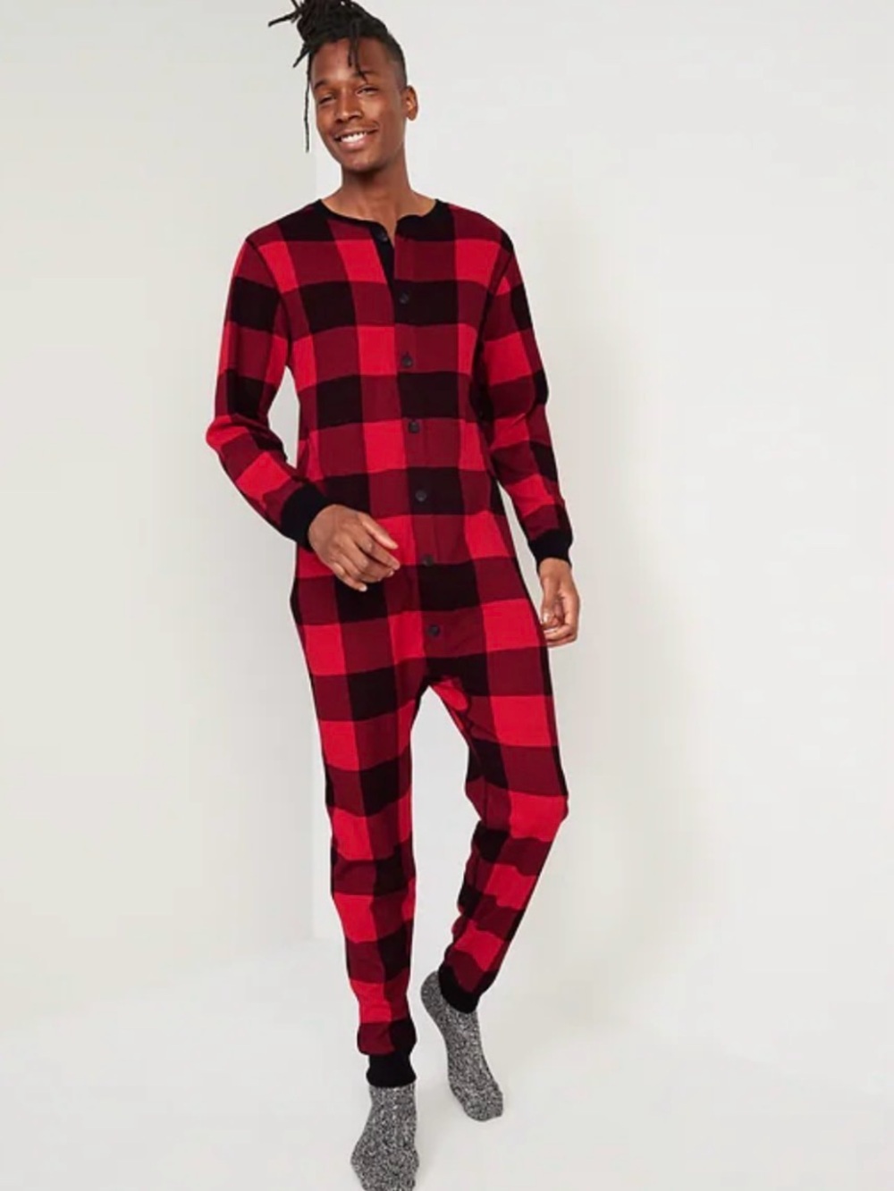 Men's Old Navy Thermal-Knit Buffalo Plaid Print One-Piece Pajamas Size XL